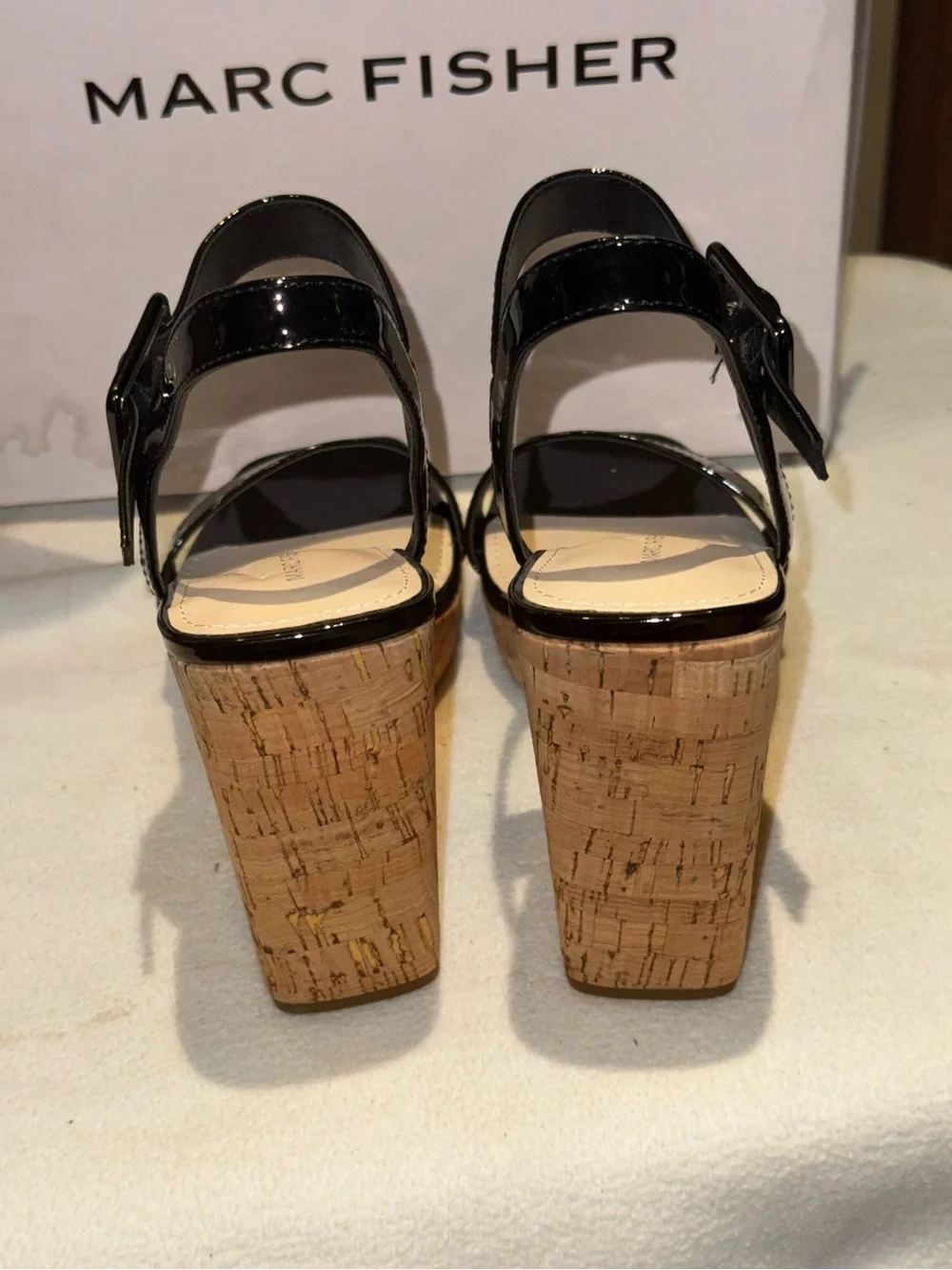 Marc Fisher Black Patent Cork Platform Wedge Sandals
